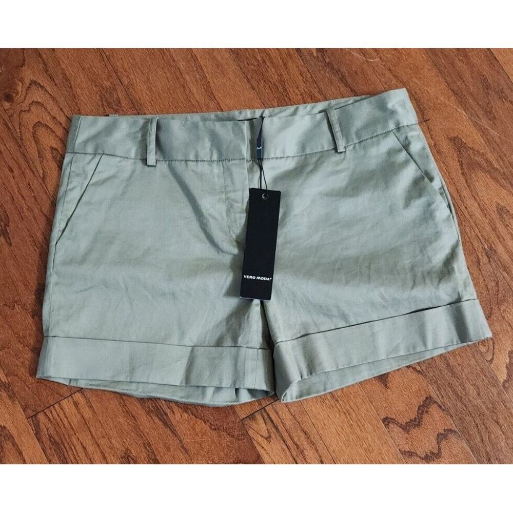 Vero Moda Cuffed Shorts Olive Green Chino Style Casual Summer Size 10 Large